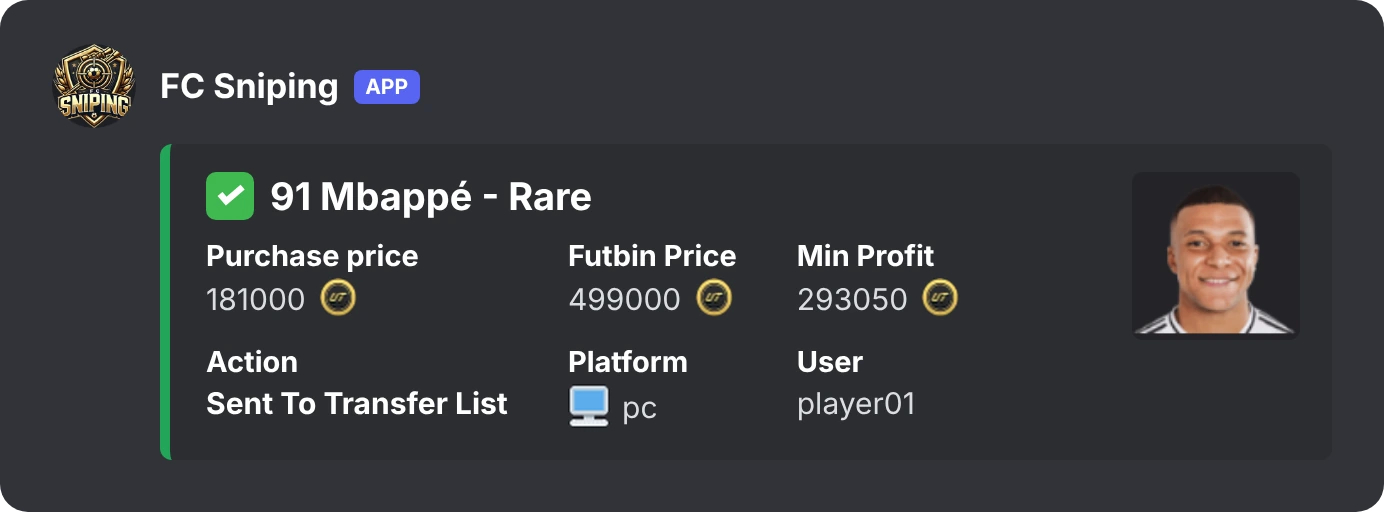Discord alert after FC Sniping buys a player and sends it to the transfer list