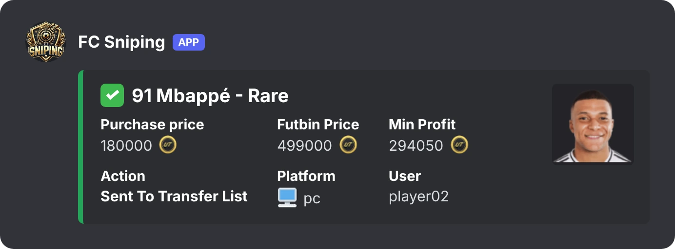 Discord alert after FC Sniping buys a second player